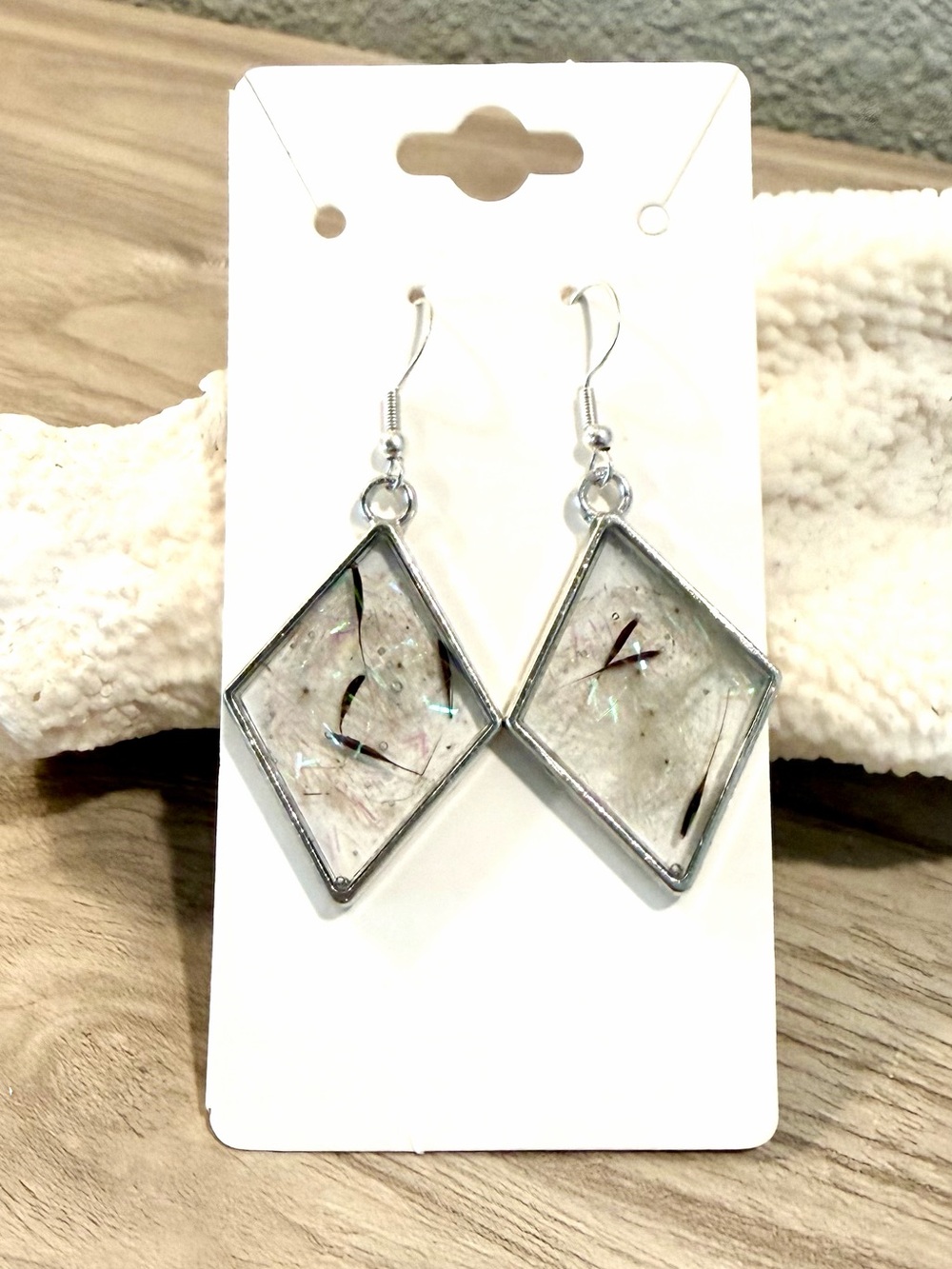 48. Silver Frame Diamond Drop Earrings with dandelions and beach sand